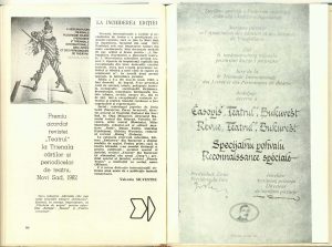 Premiul acordat revistei „Teatrul” la Trienala cărţilor şi periodicelor de teatru, Novi Sad, 1982, Revista Teatrul nr. 6/1982