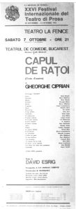 Afișul de turneu în Veneția al spectacolului Capul de rățoi, de George Ciprian, în regia lui David Esrig. Teatrul de Comedie, București, la Veneția în 07.10.1967@Teatrul_de_Comedie